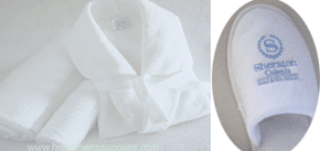 hotel bathrobes, slippers, towels--all bath linens 